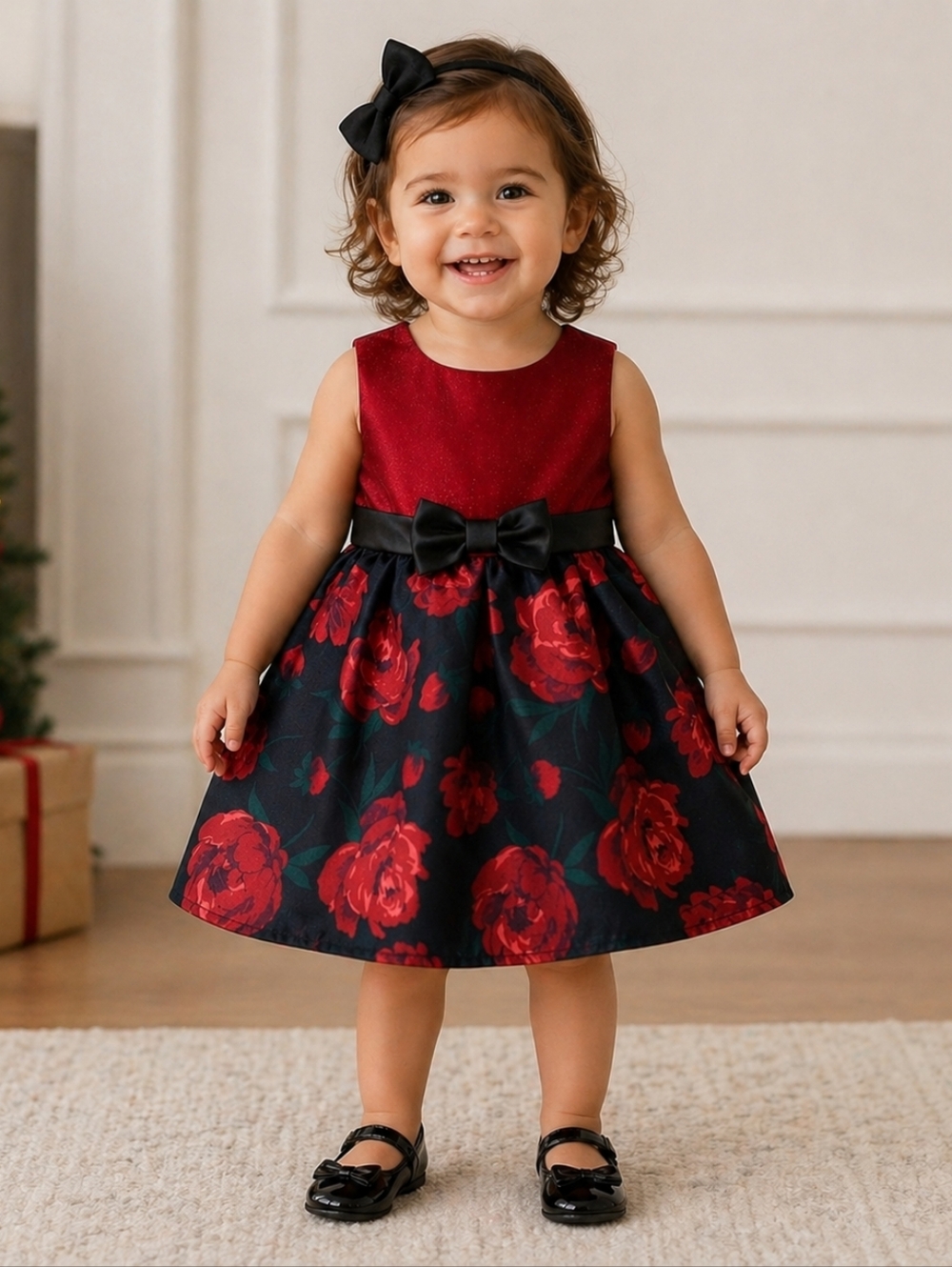 NWOT Toddler The Children's Place Red Velvet & Red/Black Floral Christmas Dress